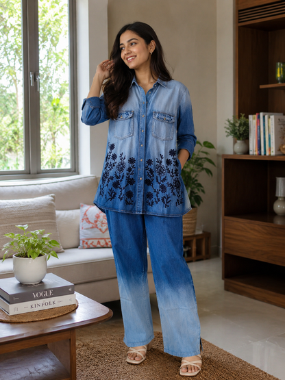 Indigo Bloom Embroidered Denim Cord Set