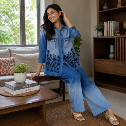Indigo Bloom Embroidered Denim Cord Set