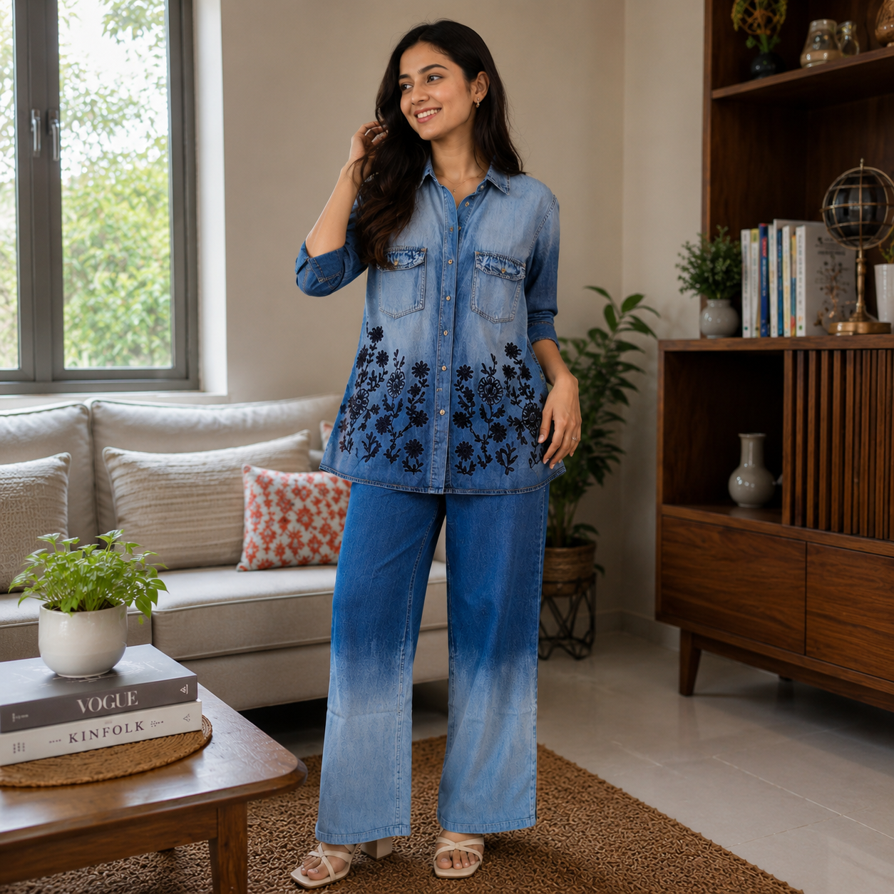 Indigo Bloom Embroidered Denim Cord Set
