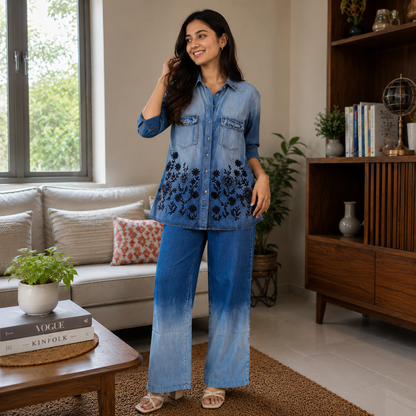 Indigo Bloom Embroidered Denim Cord Set