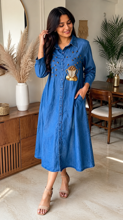 Coffee Charm Denim Midi Dress