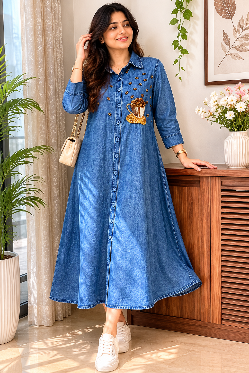 Coffee Charm Denim Midi Dress