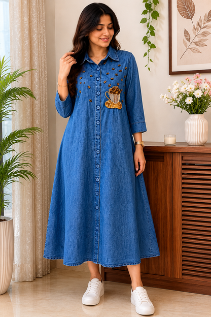 Coffee Charm Denim Midi Dress