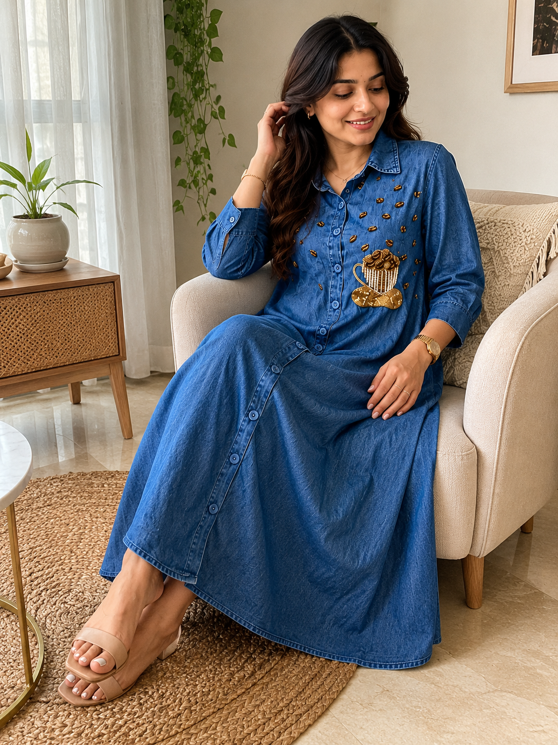 Coffee Charm Denim Midi Dress