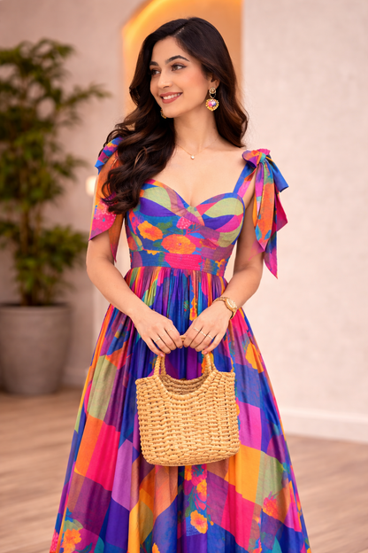 Woman wearing a colorful dress holding a woven bag indoors.