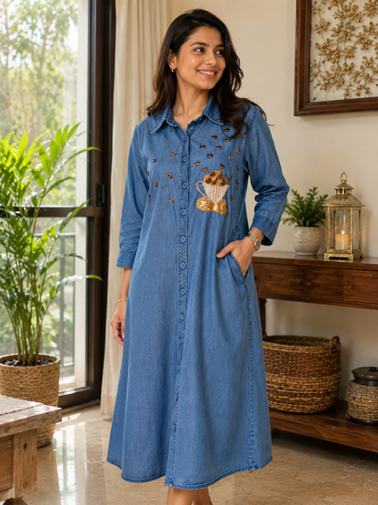 Coffee Charm Denim Midi Dress