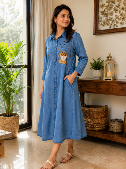 Coffee Charm Denim Midi Dress