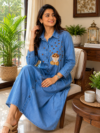 Coffee Charm Denim Midi Dress