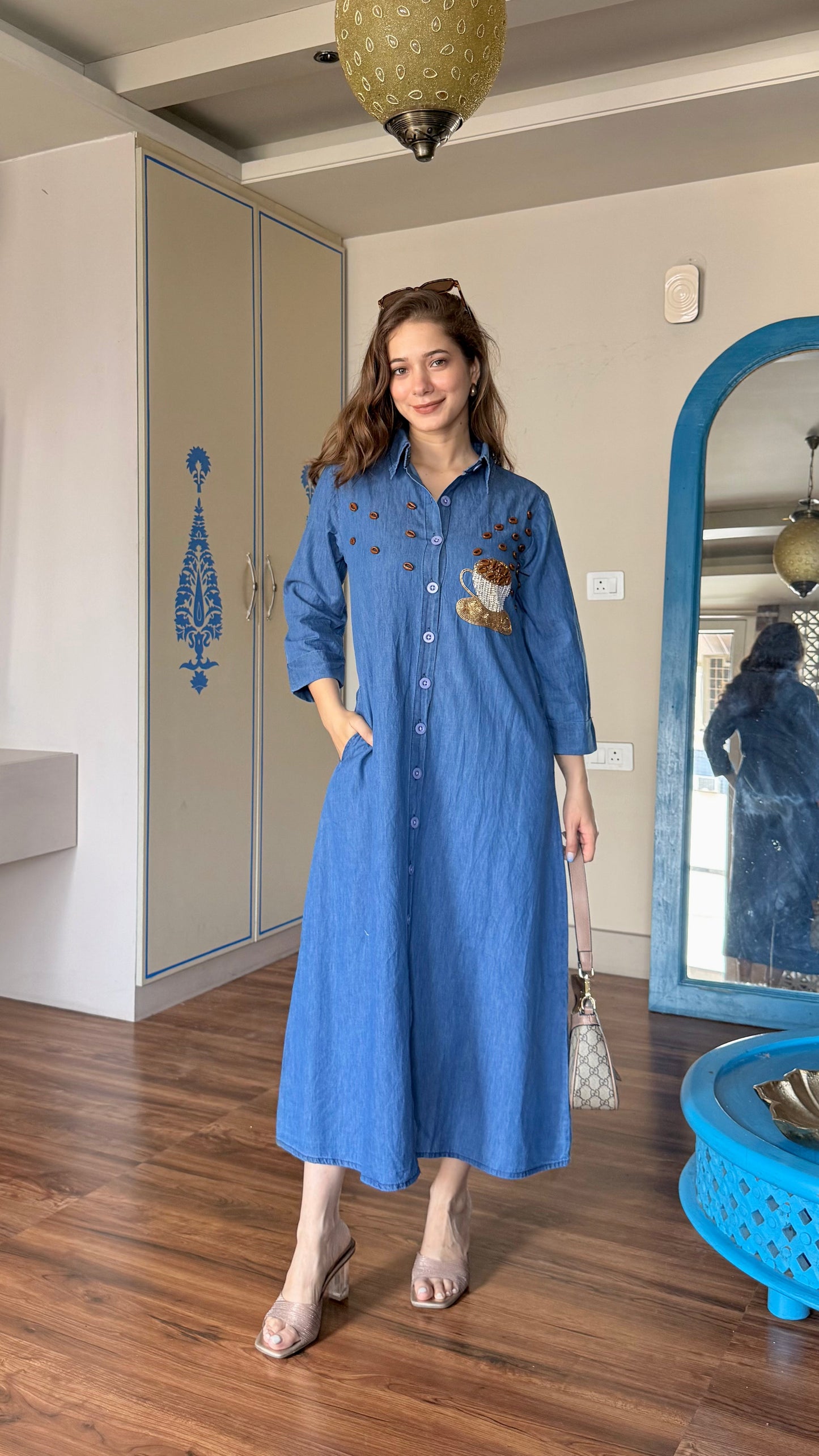 Coffee Charm Denim Midi Dress