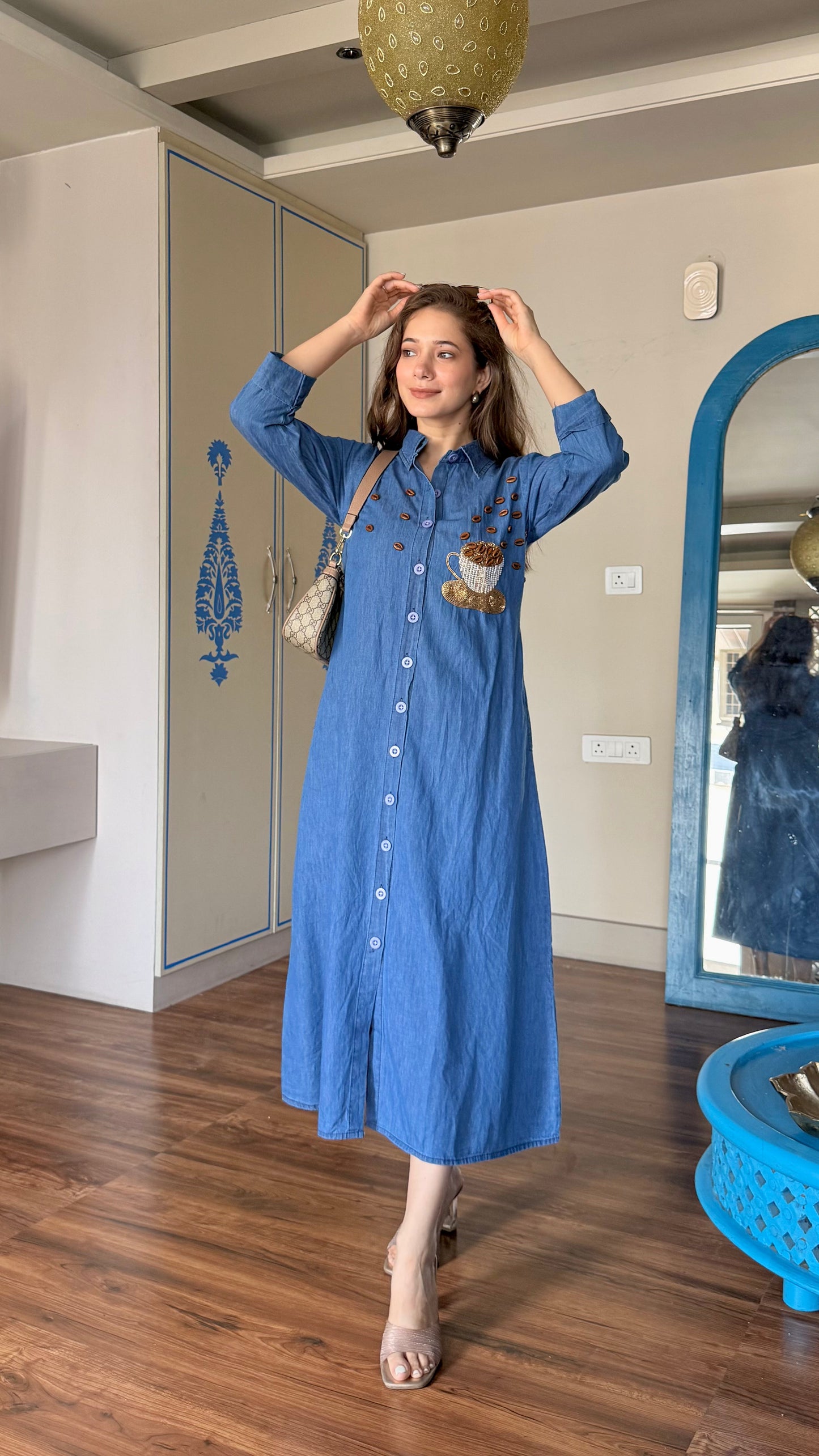 Coffee Charm Denim Midi Dress